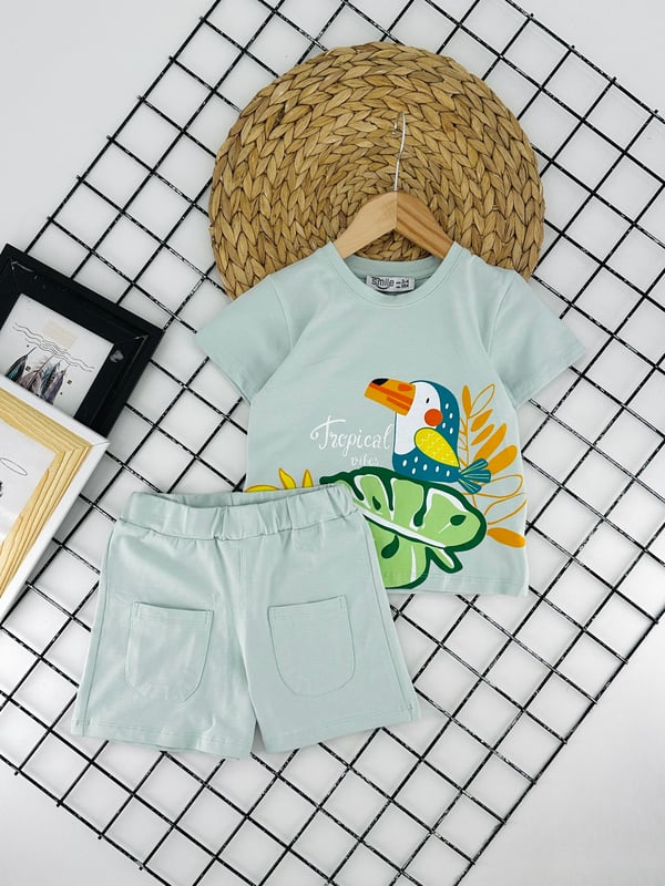 2509-1 Tropical Vibes Baskılı Kız Çocuk Takım-MİNT YEŞİL