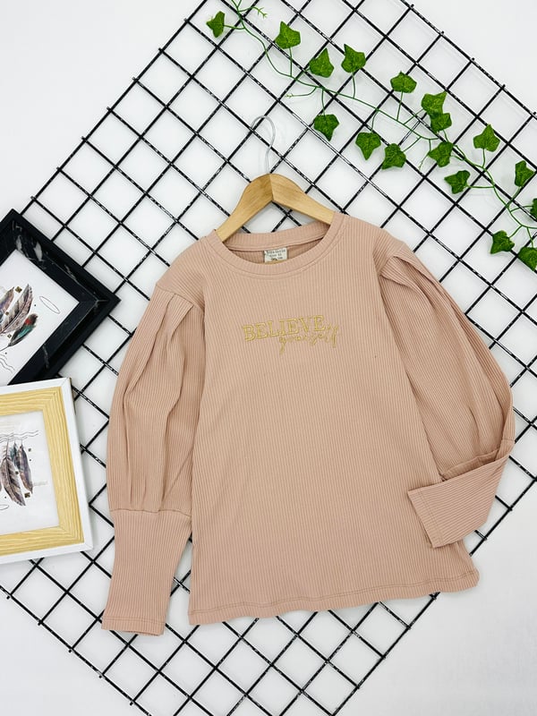 25801 Belıeve Yazılı Kız Çocuk Fitilli Kumaş Bady-BEJ