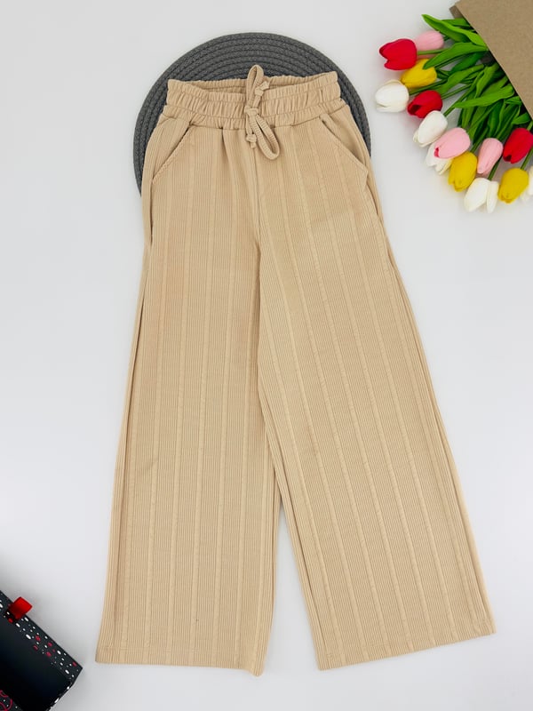 26021 Bel Lastikli Çizgi Desen Kız Çocuk Bol Paça Pantolon-BEJ