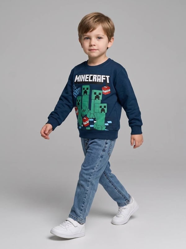 261113 Mınecraft Baskılı Kot Pantolonlu Erkek Çocuk Takım-LACİVERT