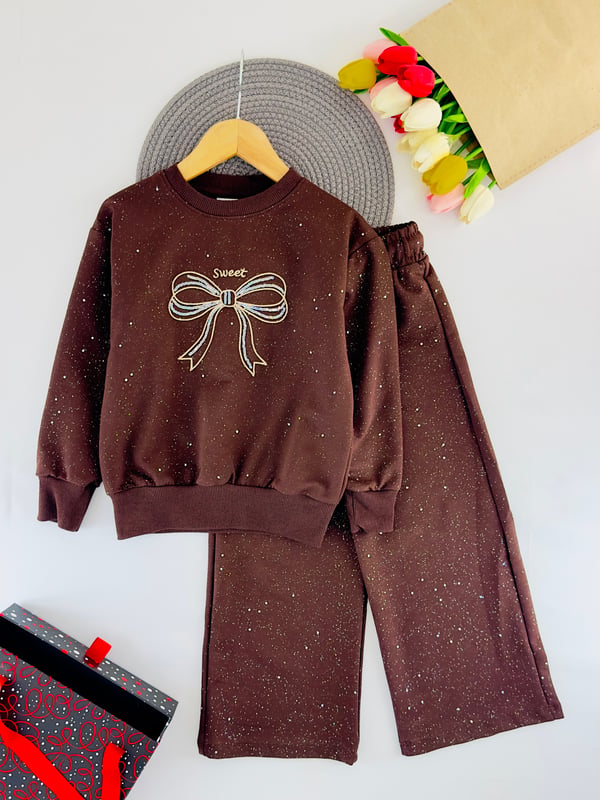 261132 Fiyonk Pul Nakışlı Oversize Kız Çocuk takım-KAHVE