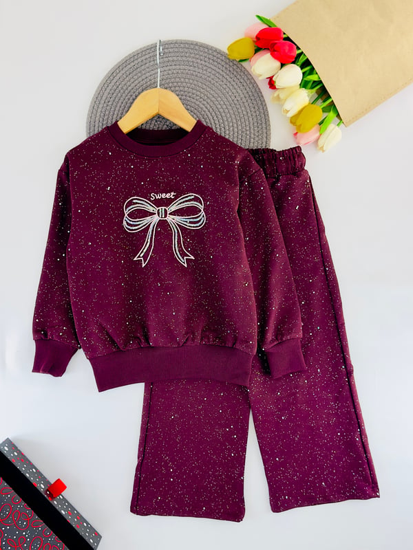 261132 Fiyonk Pul Nakışlı Oversize Kız Çocuk takım-BORDO