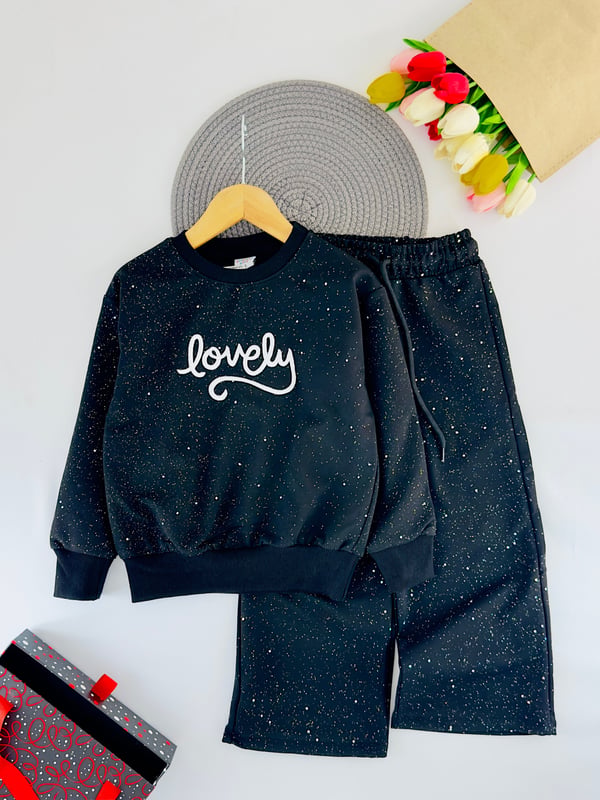 261134 Lovely Nakışlı Işıltılı Oversize Kız Çocuk Takım-SİYAH