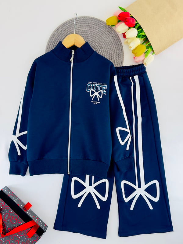 261140 Cute Fiyonk baskılı Oversize Kız Çocuk Takım-LACİVERT