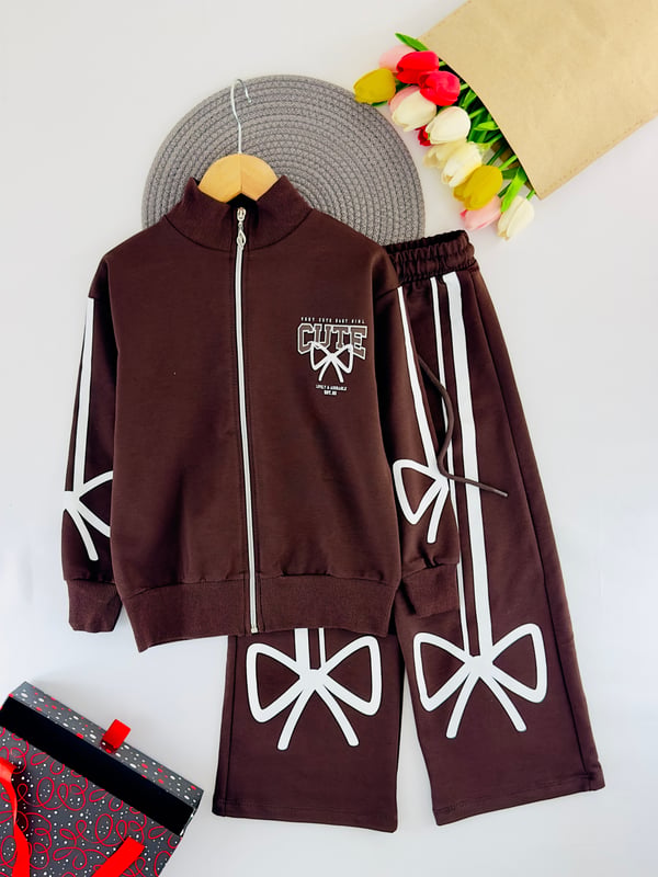 261140 Cute Fiyonk baskılı Oversize Kız Çocuk Takım-KAHVE