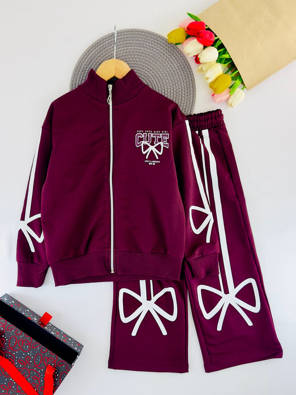 261140 Cute Fiyonk baskılı Oversize Kız Çocuk Takım-BORDO