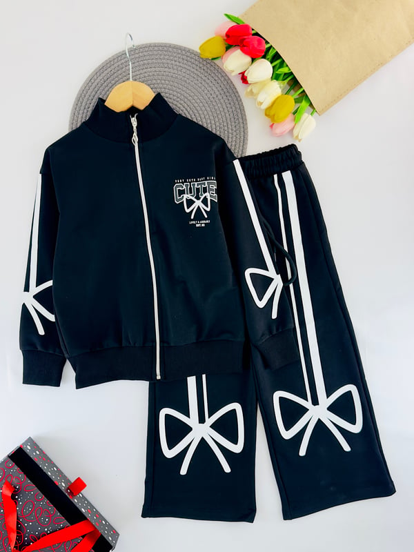 261140 Cute Fiyonk baskılı Oversize Kız Çocuk Takım-SİYAH