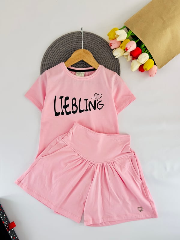 26315 Lıebıng Yazılı Kız Çocuk Şortlu Takım-TOZ PEMBE