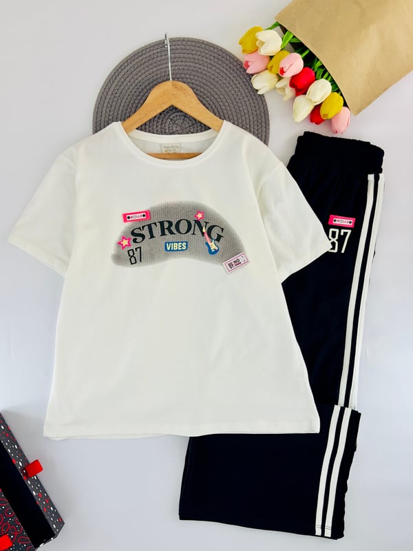 26405 Stronger Yıldız Baskılı Kız Çocuk Takım-BEYAZ