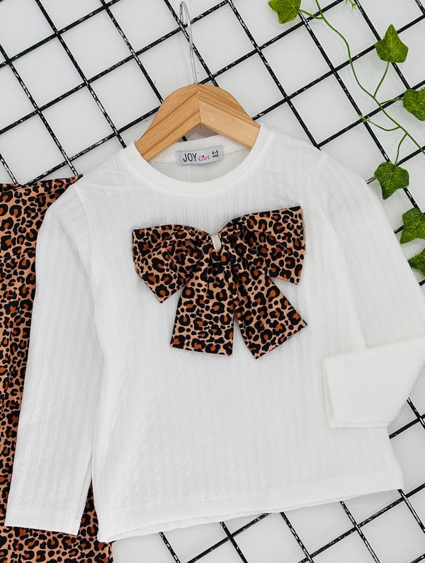 2649-2 Önü Fiyonklu Leopar Desenli Kız Çocuk Takım-BEYAZ