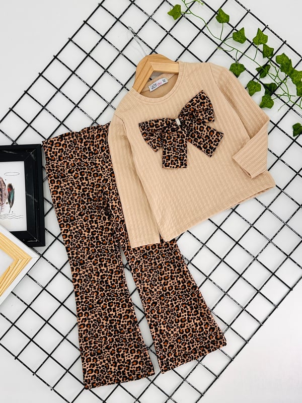 2649-2 Önü Fiyonklu Leopar Desenli Kız Çocuk Takım-BEJ