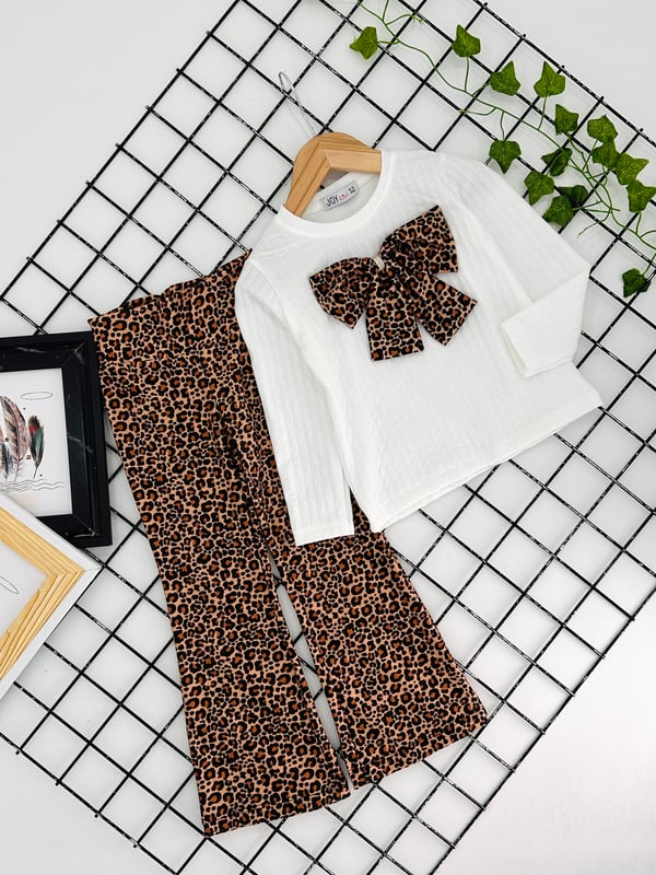 2649-2 Önü Fiyonklu Leopar Desenli Kız Çocuk Takım-BEYAZ