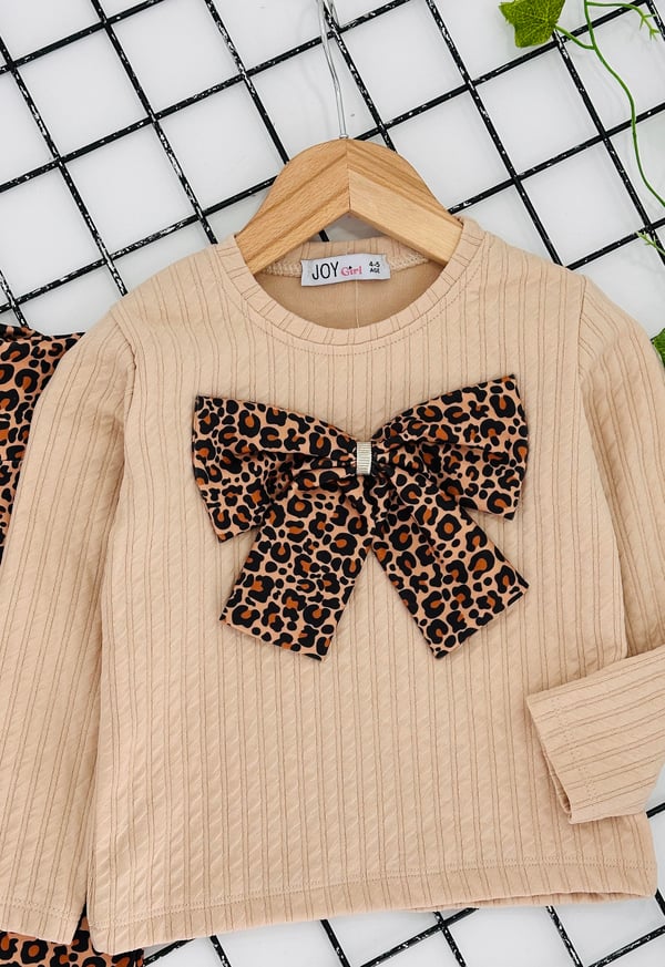2649-2 Önü Fiyonklu Leopar Desenli Kız Çocuk Takım-BEJ