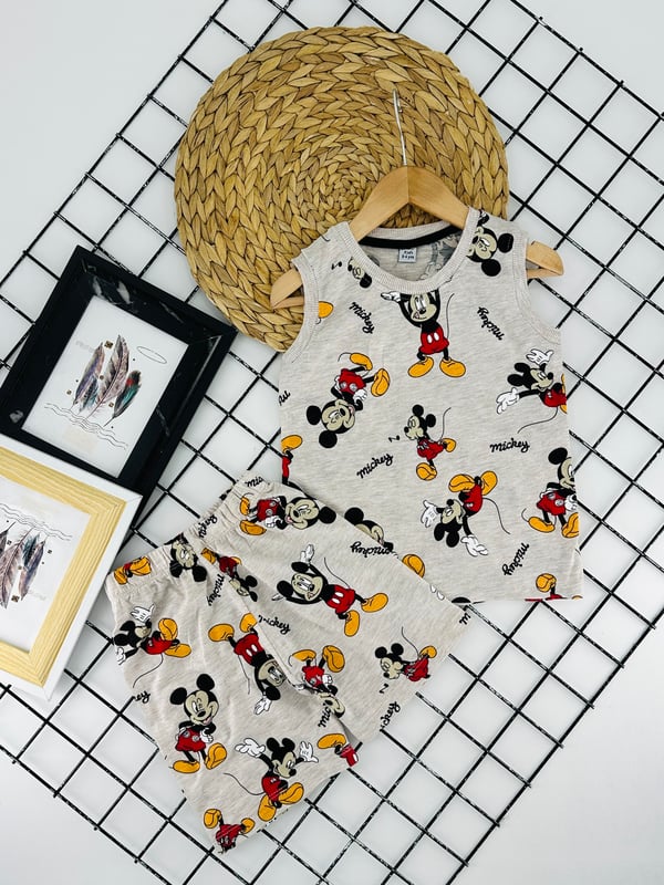 2703 Japone Kol Mickey Baskılı Erkek Çocuk Penye Şortlu takım-KREM