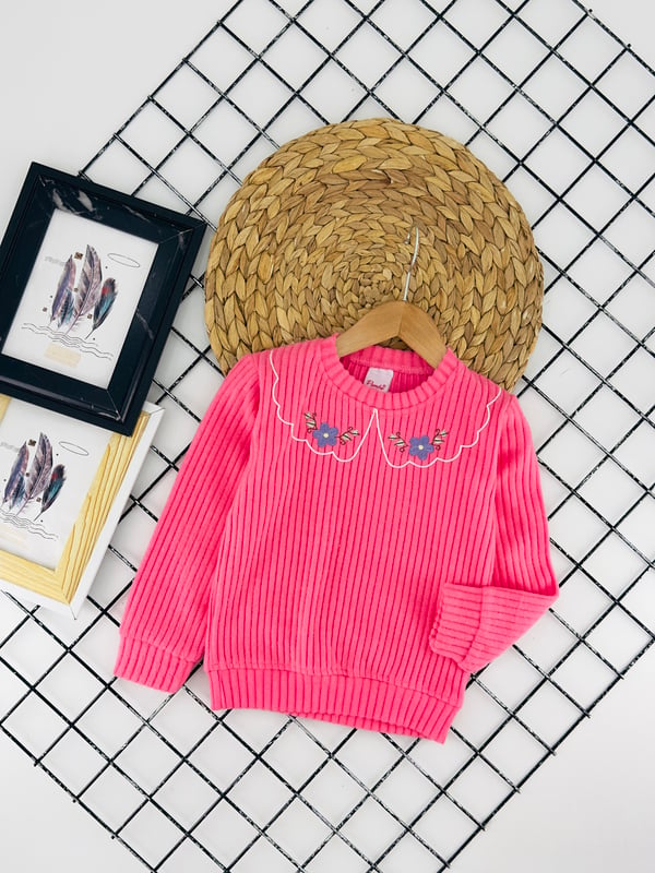 2735 Yaka Çiçek Nakışlı Fitilli Kız Çocuk Sweat-KOYU PEMBE