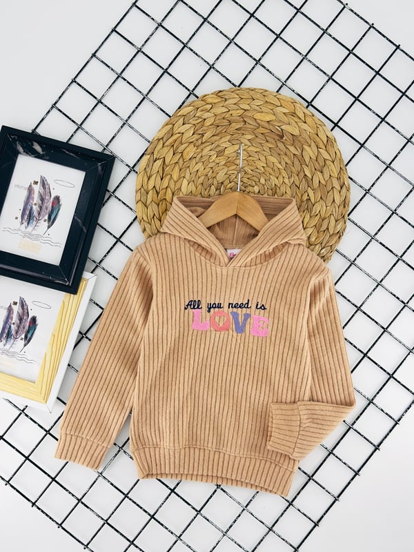 2740 Kapşonlu Love Nakışlı Kız Çocuk Sweat-TABA