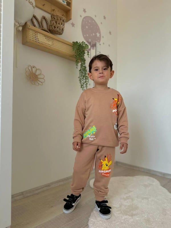 2818 Pkch Baskılı Yazılı Erkek Çocuk Şardonsuz 3 İplik Takım-BEJ