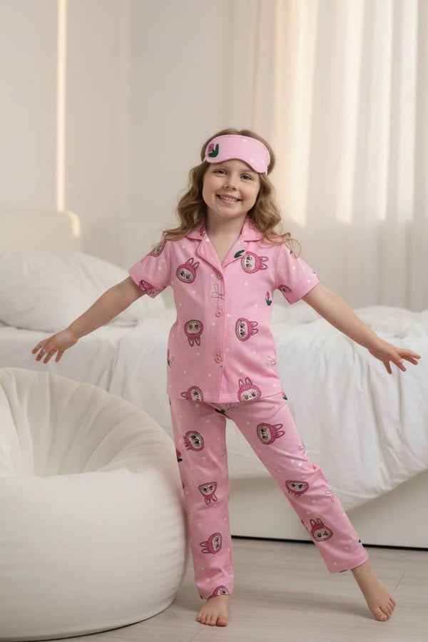 29000-14 Lbb Çiçek Baskılı Kız Çocuk Penye Kısa Kol Düğmeli Bandanalı Pijama Takım-TOZ PEMBE