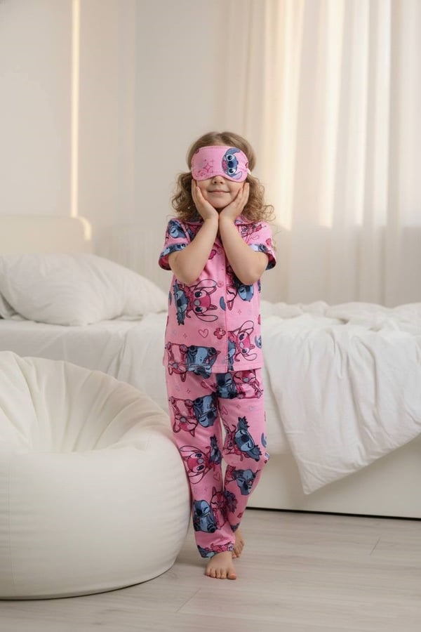 29000-15 Stck Kalp Baskılı Kız Çocuk Penye Kısa Kol Düğmeli Bandanalı Pijama Takım-PEMBE