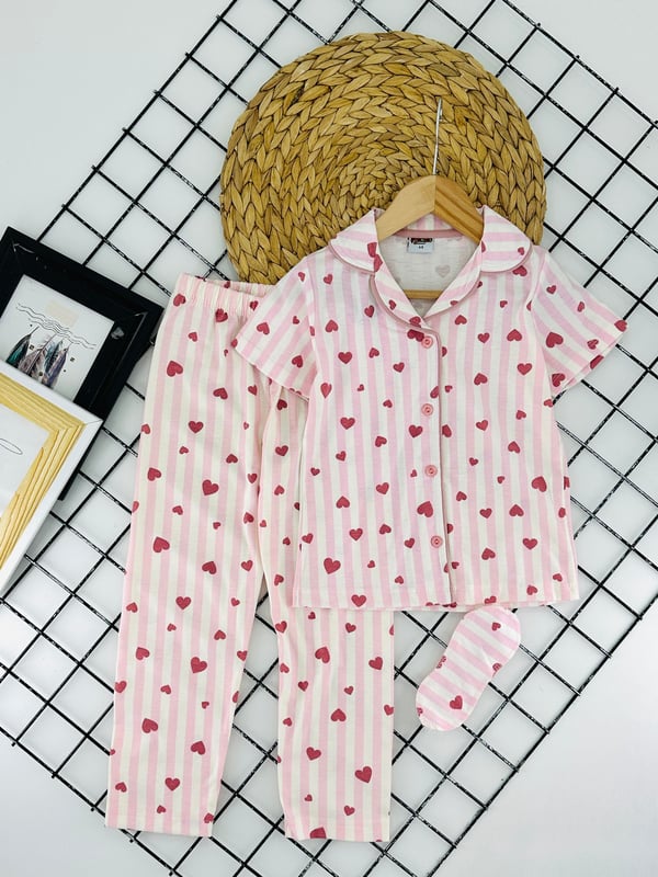 29000-4 Kalp Baskılı Kız Çocuk Kısa Kol Bandanalı Pijama Takım-PEMBE
