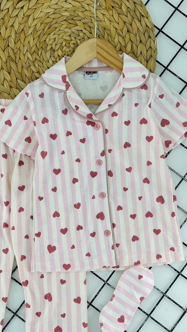 29000-4 Kalp Baskılı Kız Çocuk Kısa Kol Bandanalı Pijama Takım-PEMBE
