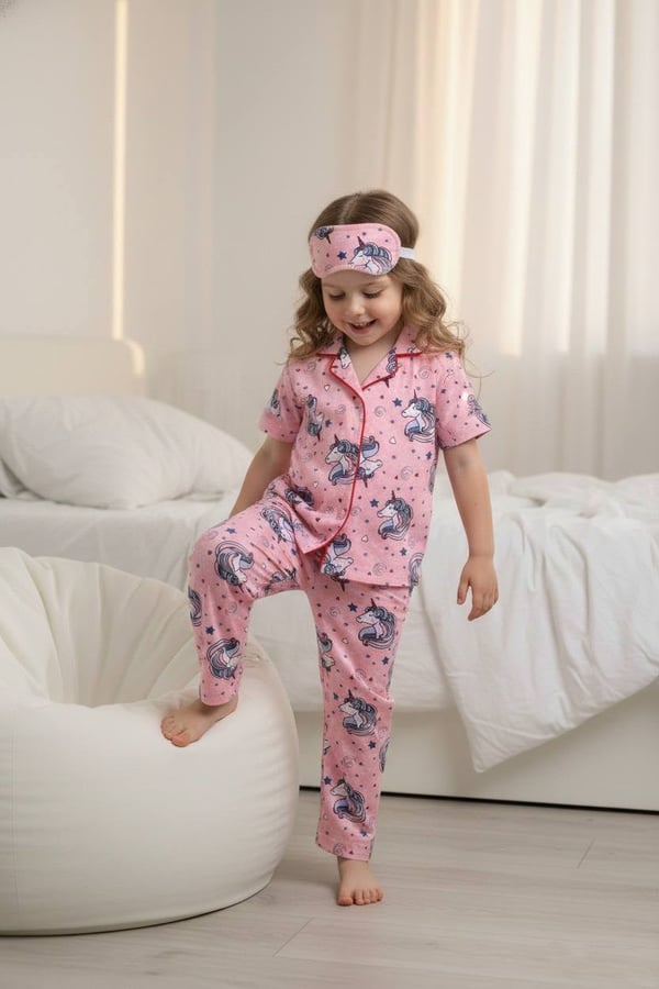 29000-6 Uncrn Kalp Yıldız Baskılı Kız Çocuk Penye Kısa Kol Düğmeli Bandanalı Pijama Takım-TOZ PEMBE