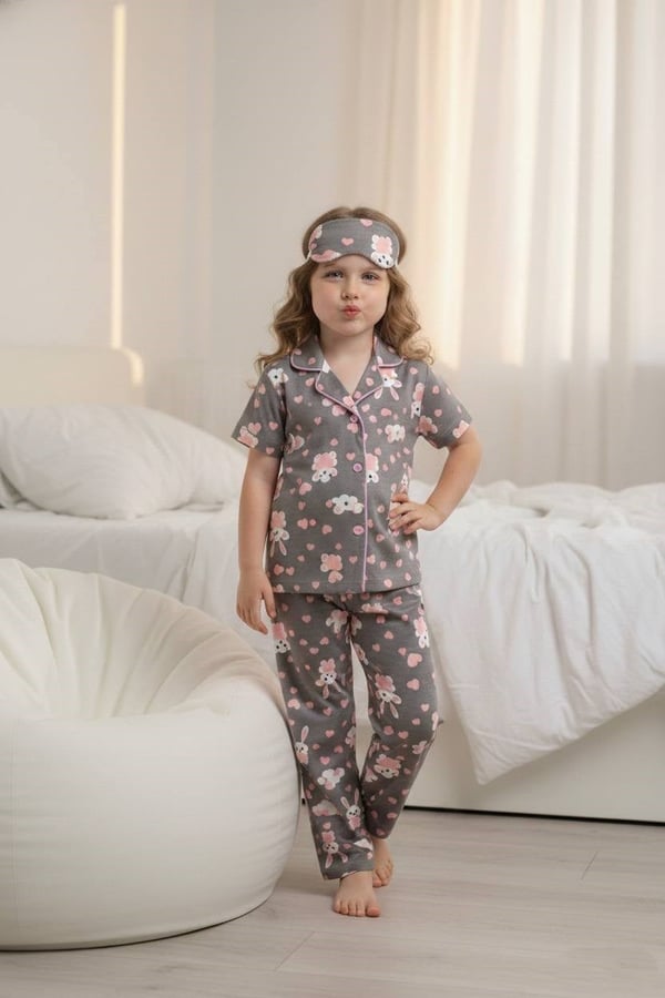 29000-7 Tavşan Bulut Baskılı Kız Çocuk Penye Kısa Kol Düğmeli Bandanalı Pijama Takım-KOYU GRİ