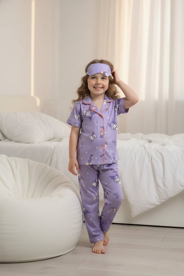29000-8 Hlo Kty Şeker Baskılı Kız Çocuk Penye Kısa Kol Düğmeli Bandanalı Pijama Takım-LİLA