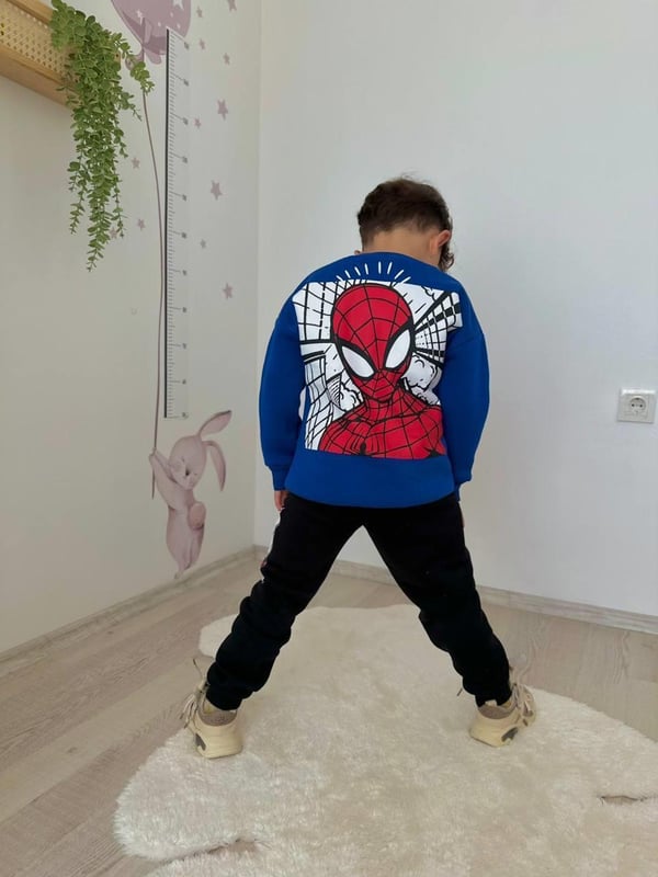 2908 Örümcek Adam Baskılı Erkek Çocuk Üç İplik Şardonlu Takım-SAKS MAVİ