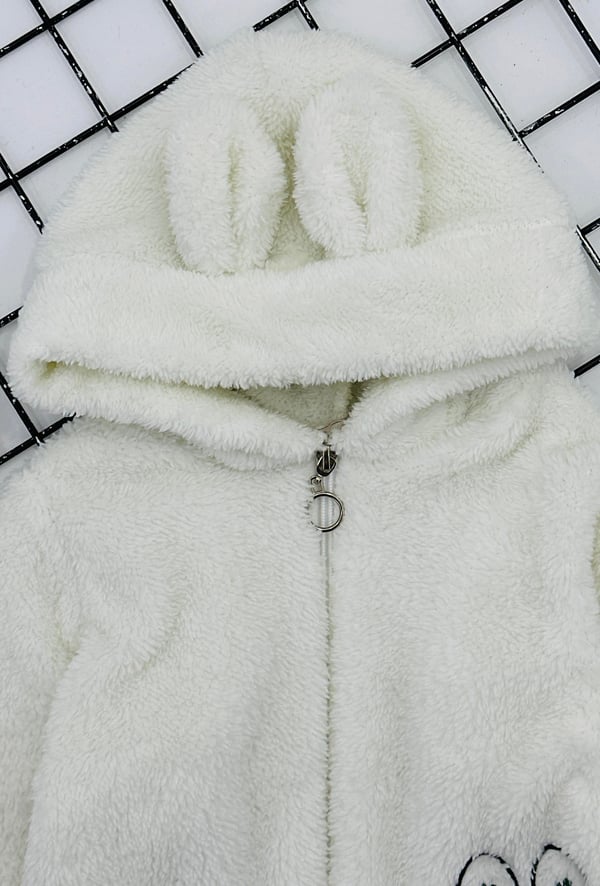 300-2 Tavşan Nakışlı Kız Çocuk Çantalı Polar Hırka-KREM