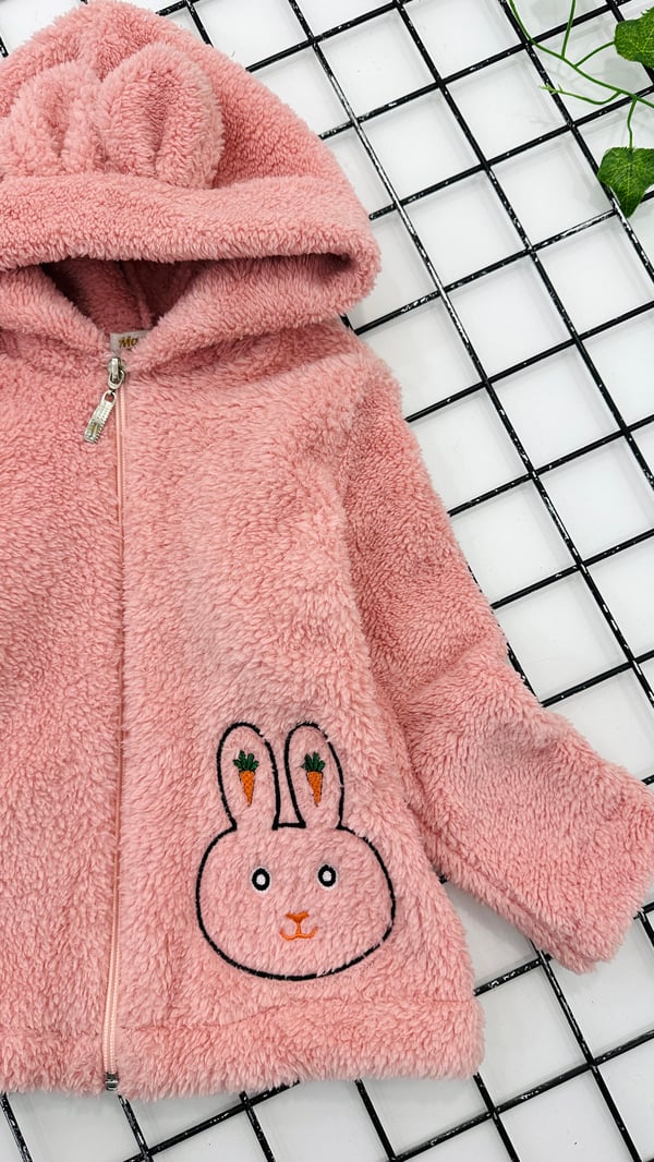 300-2 Tavşan Nakışlı Kız Çocuk Çantalı Polar Hırka-PEMBE