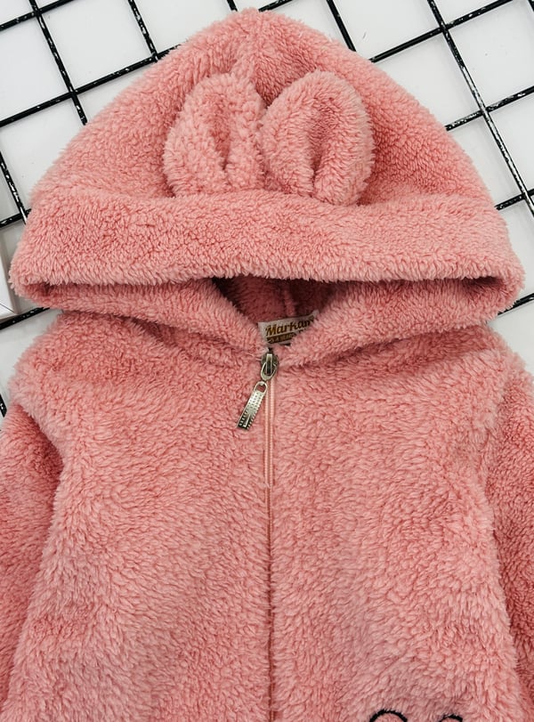 300-2 Tavşan Nakışlı Kız Çocuk Çantalı Polar Hırka-PEMBE