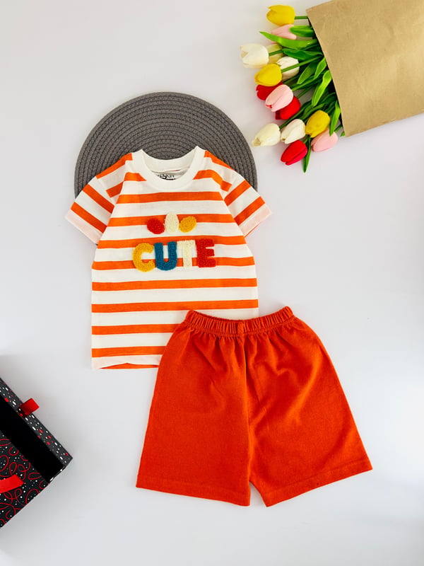3003-3 Cute Yazılı Çizgili Erkek Çocuk Şortlu Takım-TURUNCU