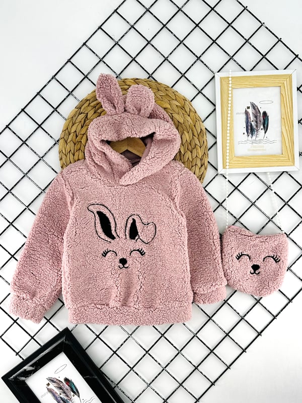 3010-1 Tavşan Nakışlı Çantalı Kız Çocuk Polar Sweat-GÜL KURUSU