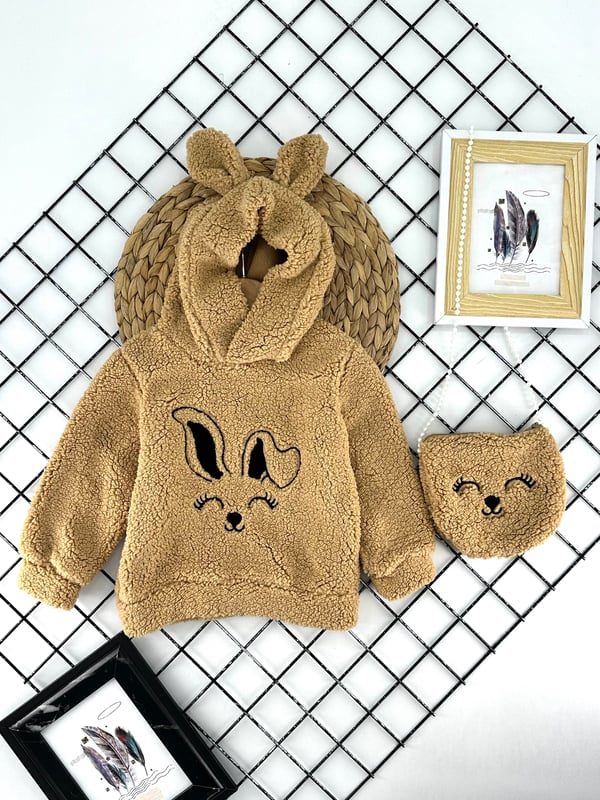 3010-1 Tavşan Nakışlı Çantalı Kız Çocuk Polar Sweat-BEJ