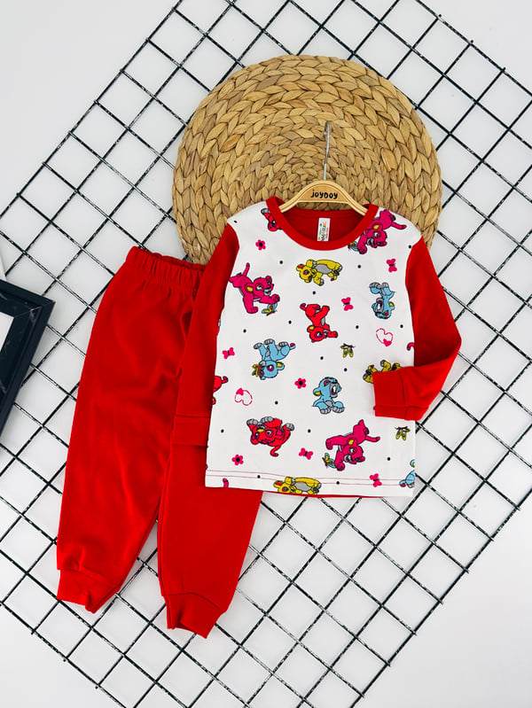 3011-3 Kaplan Baskılı Penye Kumaş Kız Çocuk Pijama Takım-KIRMIZI