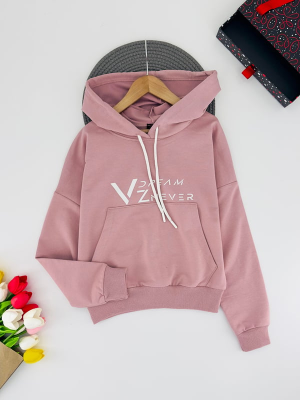 3013-10 Dream Yazılı Kapşonlu Kanguru Cepli Unisex Sweat-PUDRA