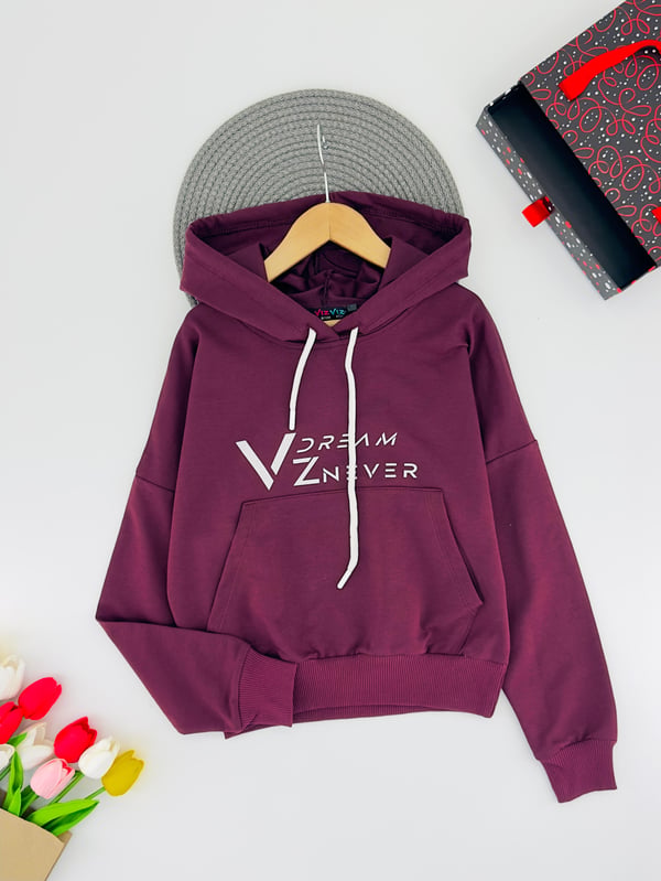 3013-10 Dream Yazılı Kapşonlu Kanguru Cepli Unisex Sweat-BORDO