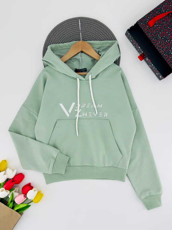 3013-10 Dream Yazılı Kapşonlu Kanguru Cepli Unisex Sweat-YEŞİL