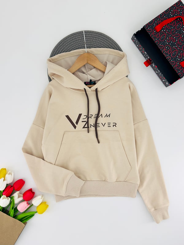 3013-10 Dream Yazılı Kapşonlu Kanguru Cepli Unisex Sweat-BEJ