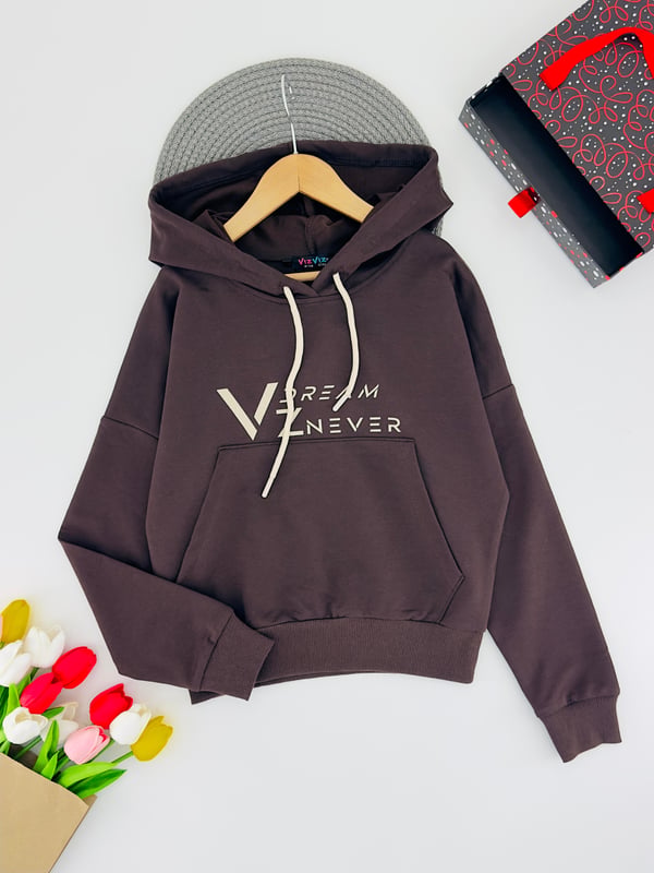 3013-10 Dream Yazılı Kapşonlu Kanguru Cepli Unisex Sweat-KAHVE