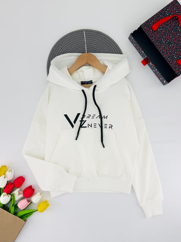 3013-10 Dream Yazılı Kapşonlu Kanguru Cepli Unisex Sweat-BEYAZ