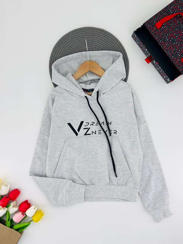 3013-10 Dream Yazılı Kapşonlu Kanguru Cepli Unisex Sweat-GRİ