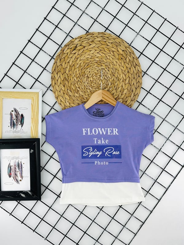 30180 Flower Take Yazılı Kız Çocuk Penye Tişört-LİLA
