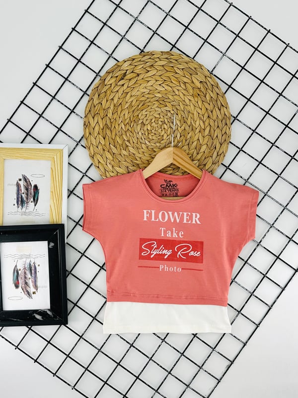 30180 Flower Take Yazılı Kız Çocuk Penye Tişört-PUDRA