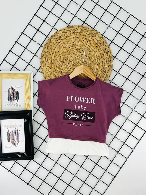 30180 Flower Take Yazılı Kız Çocuk Penye Tişört-MÜRDÜM