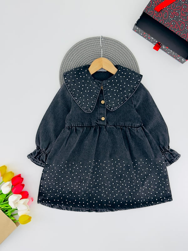 3023-1 Bebe Yaka Taşlı Kız Çocuk Kot Elbise-SİYAH
