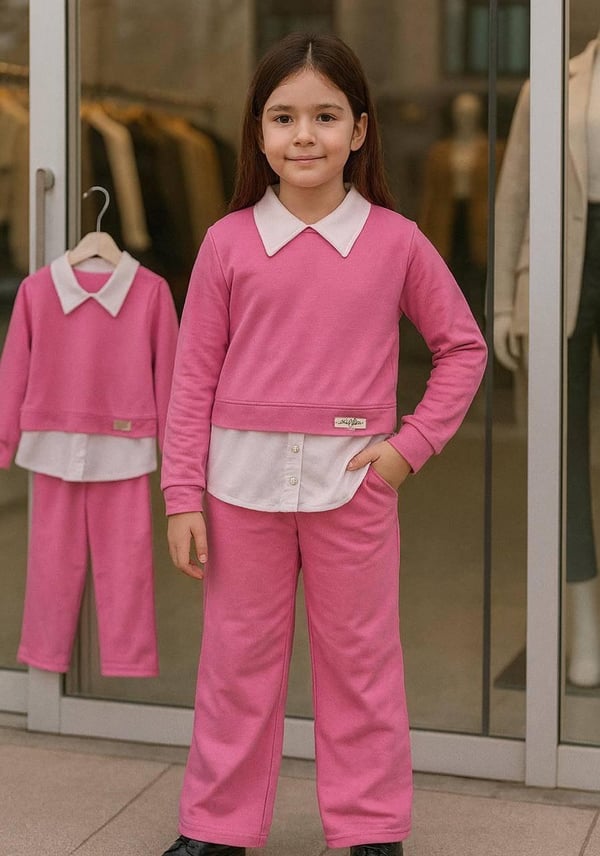 3055 Yakalı Oysho Kumaş İki İplik İspayol Paça Kız Çocuk Takım-PEMBE
