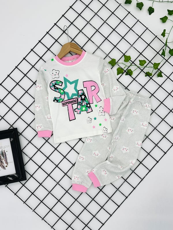 3095 Star Baskılı Kız Çocuk Penye Pijama Takım-PEMBE