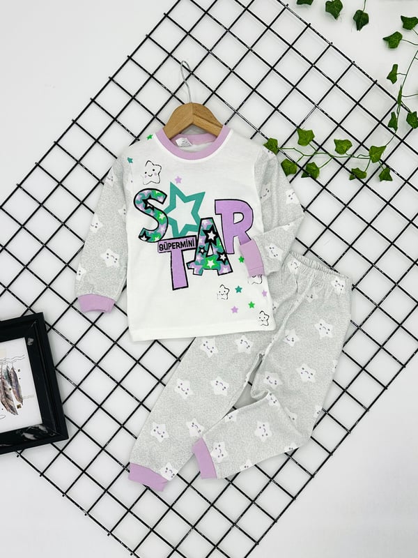 3095 Star Baskılı Kız Çocuk Penye Pijama Takım-LİLA